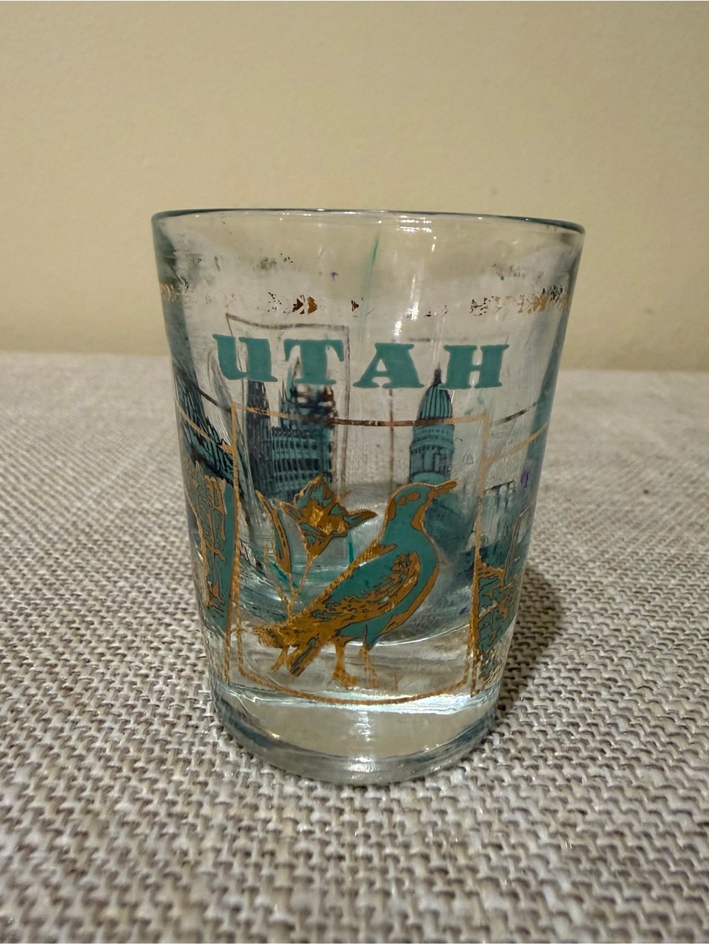 Vintage 1960s 1970s Utah Souvenir Shot Glass Teal Gold MCM Travel State